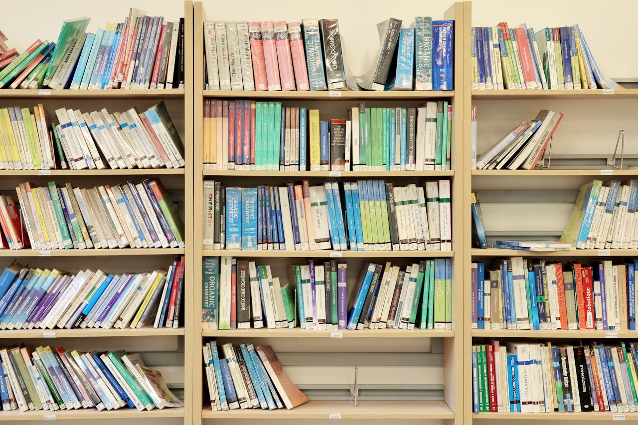 heros-img Vibrant books neatly arranged on library shelves in Fès, Morocco.